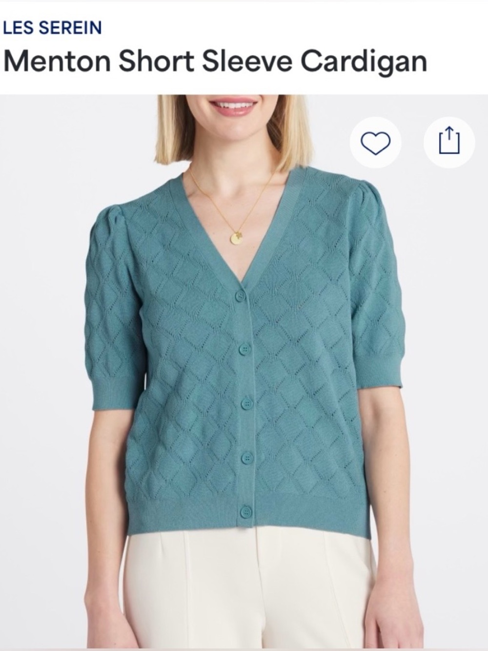 LES SEREIN Teal Short-Sleeve V-Neck Cardigan